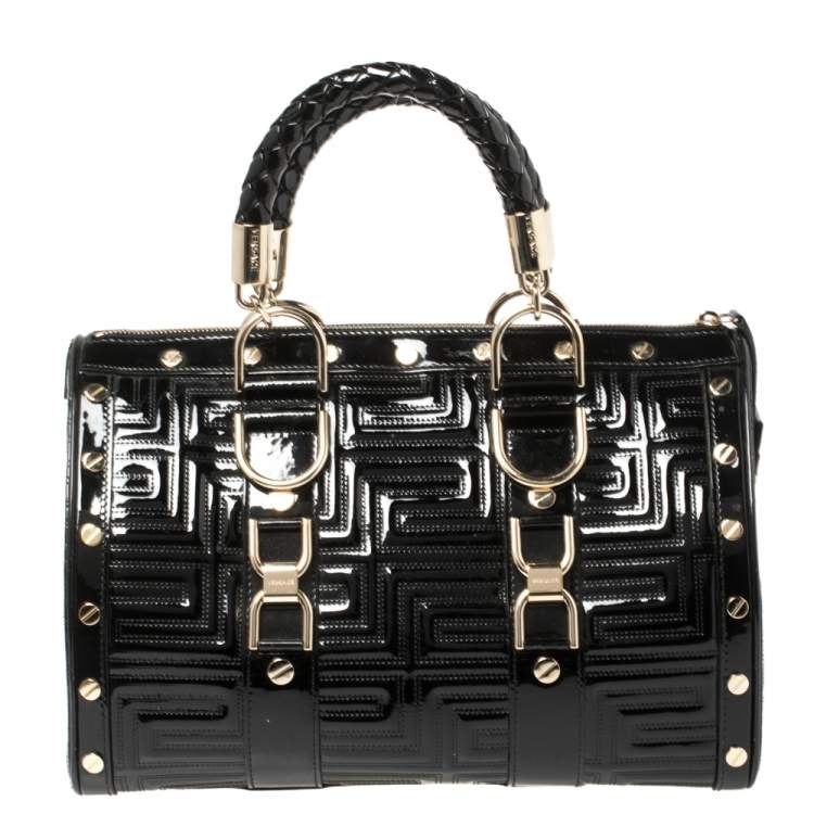 Pre Owned Versace Black Quilted Patent Leather Snap Out Of It Satchel