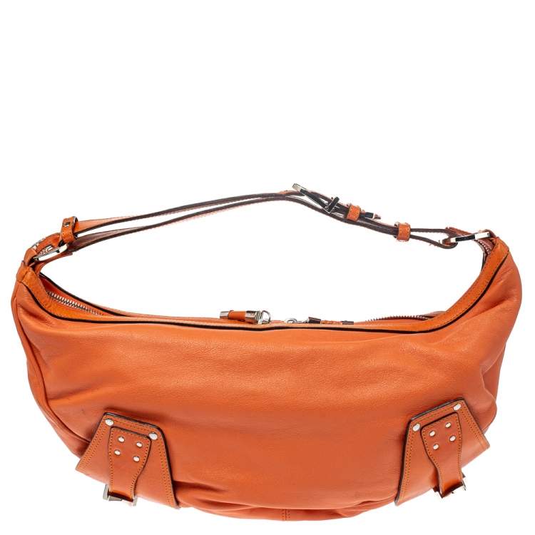 Pre Owned Versace Orange Leather Double Pocket Zip Hobo