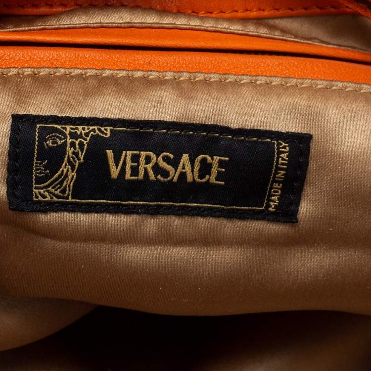 Pre Owned Versace Orange Leather Double Pocket Zip Hobo