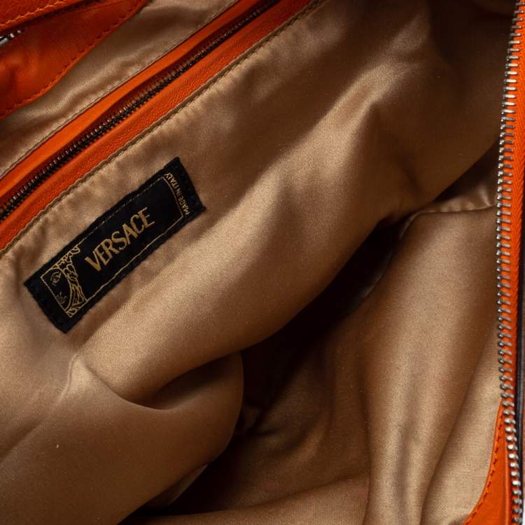 Pre Owned Versace Orange Leather Double Pocket Zip Hobo