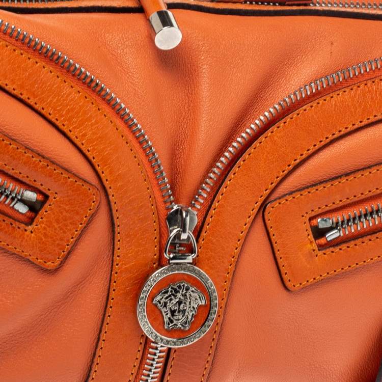 Pre Owned Versace Orange Leather Double Pocket Zip Hobo