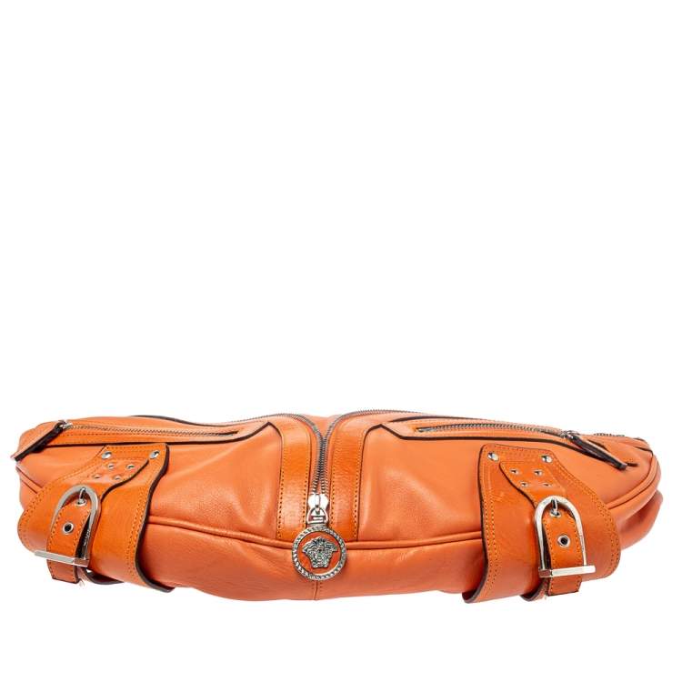 Pre Owned Versace Orange Leather Double Pocket Zip Hobo