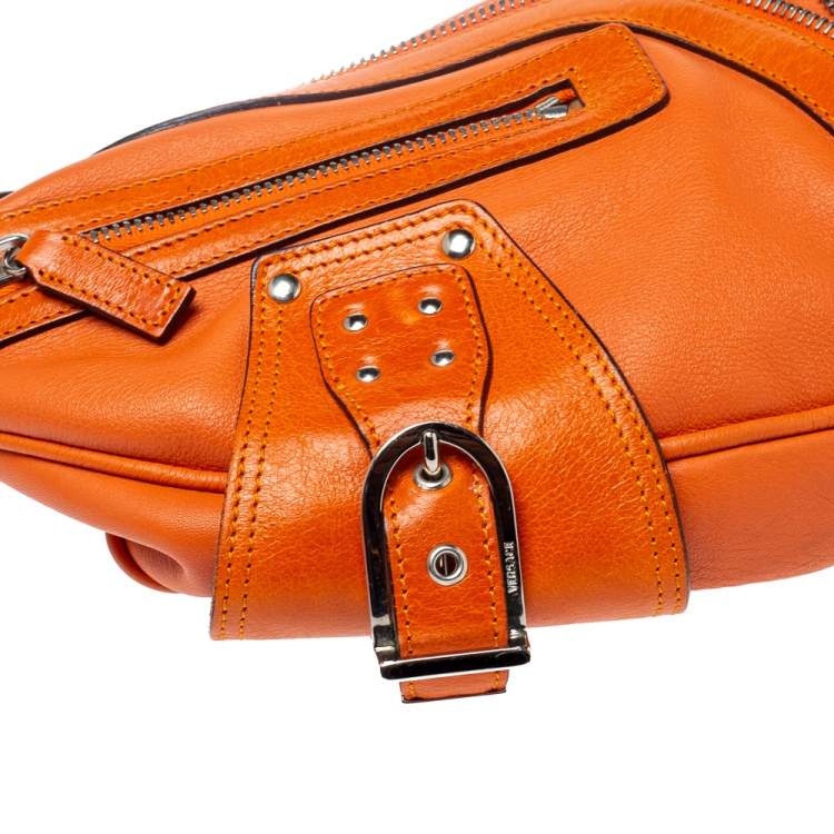 Pre Owned Versace Orange Leather Double Pocket Zip Hobo