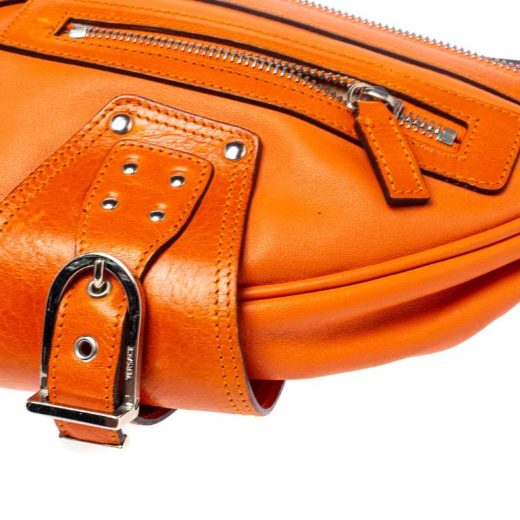 Pre Owned Versace Orange Leather Double Pocket Zip Hobo