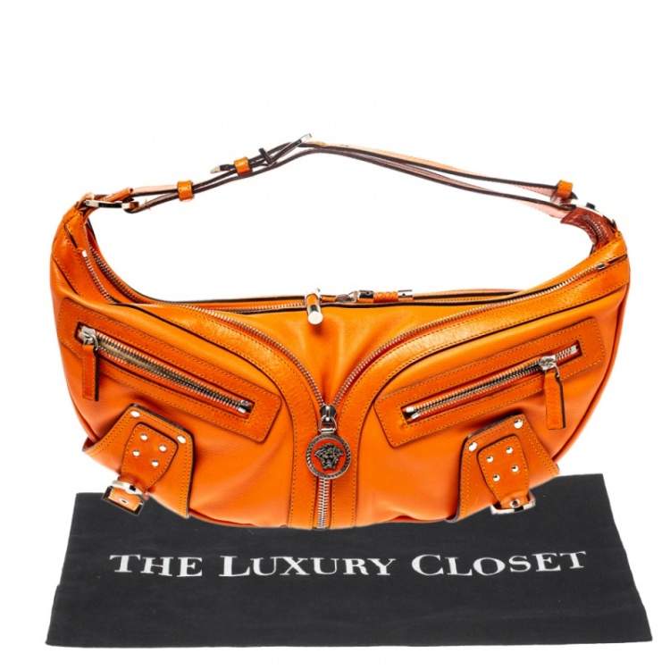 Pre Owned Versace Orange Leather Double Pocket Zip Hobo