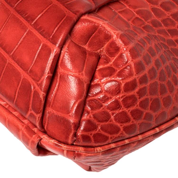 Pre Owned Versace Red Croc Embossed Leather Satchel