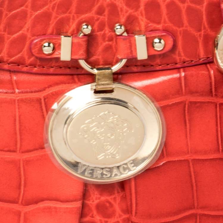Pre Owned Versace Red Croc Embossed Leather Satchel