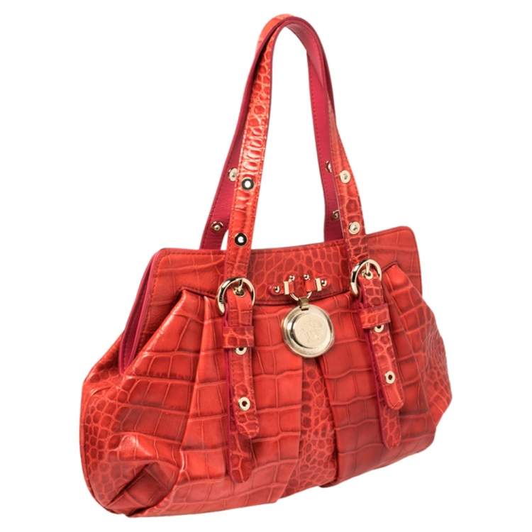 Pre Owned Versace Red Croc Embossed Leather Satchel