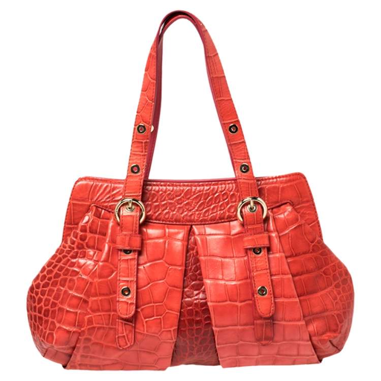 Pre Owned Versace Red Croc Embossed Leather Satchel