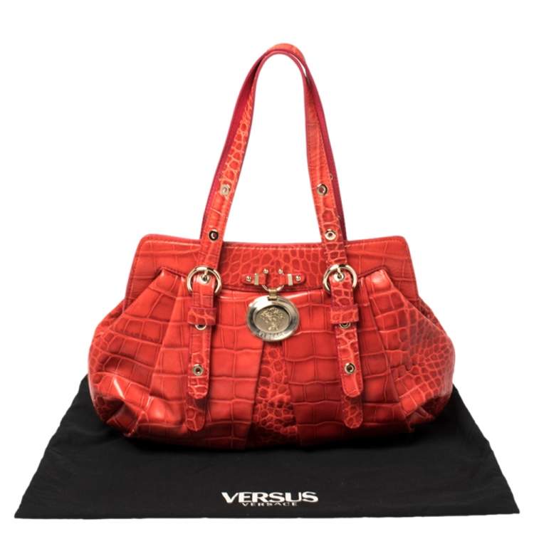 Pre Owned Versace Red Croc Embossed Leather Satchel