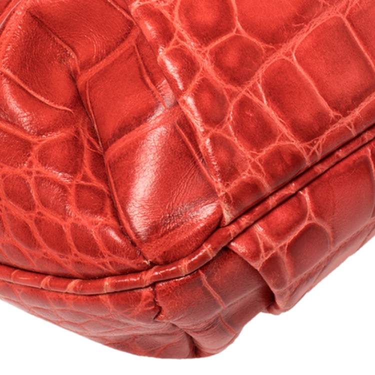 Pre Owned Versace Red Croc Embossed Leather Satchel