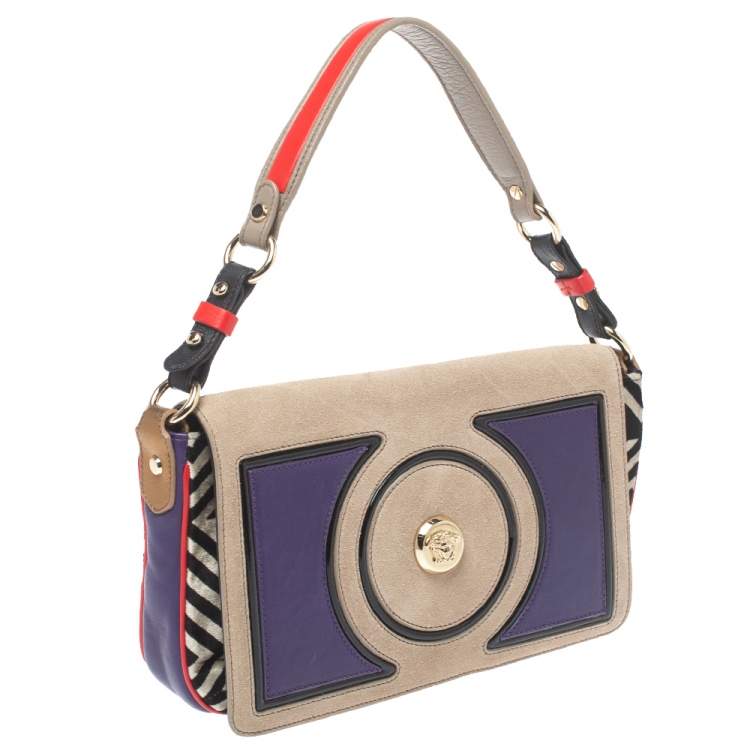 Pre Owned  Versace Multicolor Printed Leather, Velvet and Suede Palazzo Flap Shoulder Bag