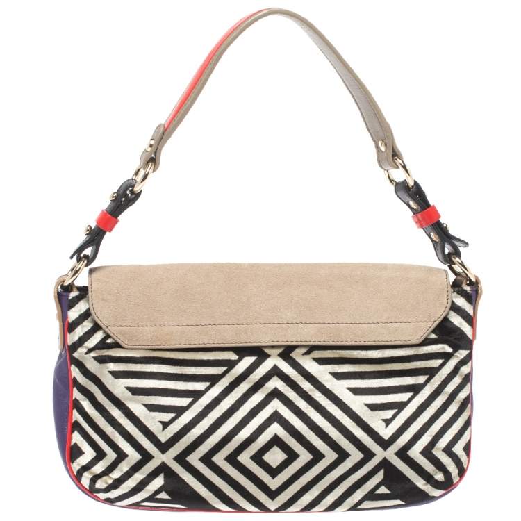 Pre Owned  Versace Multicolor Printed Leather, Velvet and Suede Palazzo Flap Shoulder Bag