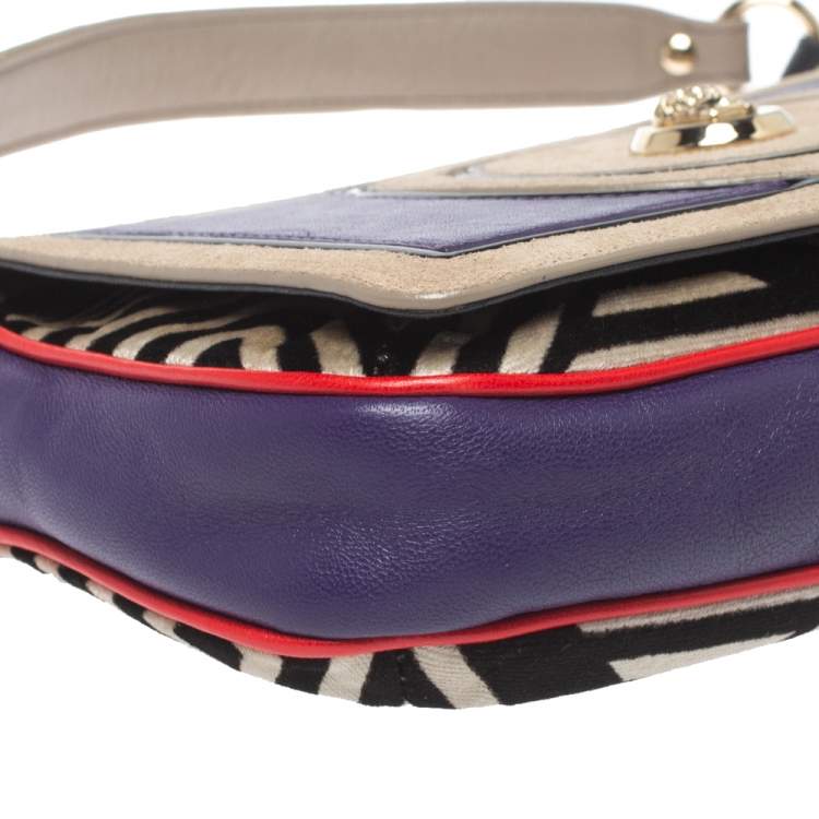 Pre Owned  Versace Multicolor Printed Leather, Velvet and Suede Palazzo Flap Shoulder Bag