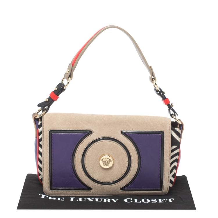 Pre Owned  Versace Multicolor Printed Leather, Velvet and Suede Palazzo Flap Shoulder Bag