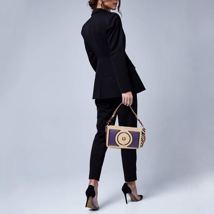 Pre Owned  Versace Multicolor Printed Leather, Velvet and Suede Palazzo Flap Shoulder Bag