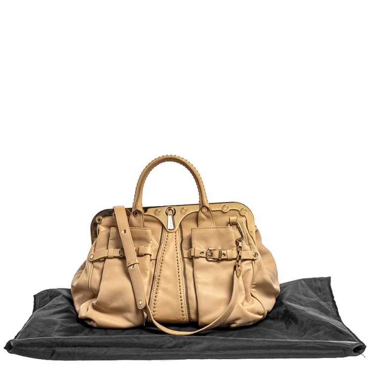 Pre Owned Versace Beige Leather Studded Frame Satchel 