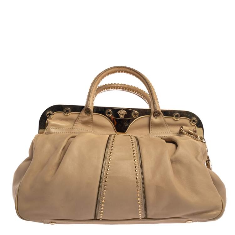Pre Owned Versace Beige Leather Studded Frame Satchel 