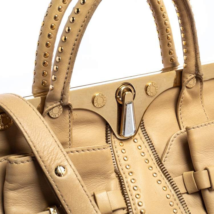 Pre Owned Versace Beige Leather Studded Frame Satchel 
