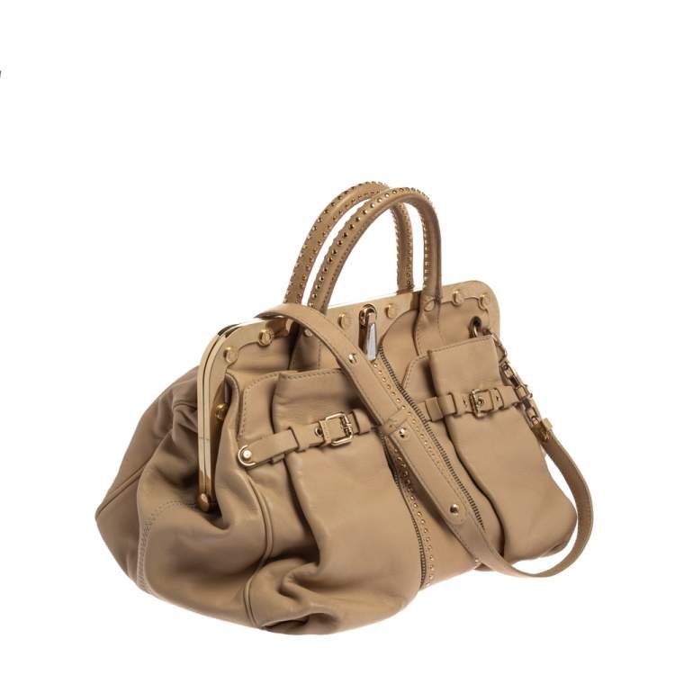 Pre Owned Versace Beige Leather Studded Frame Satchel 
