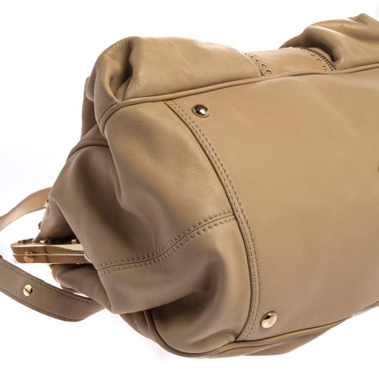 Pre Owned Versace Beige Leather Studded Frame Satchel 