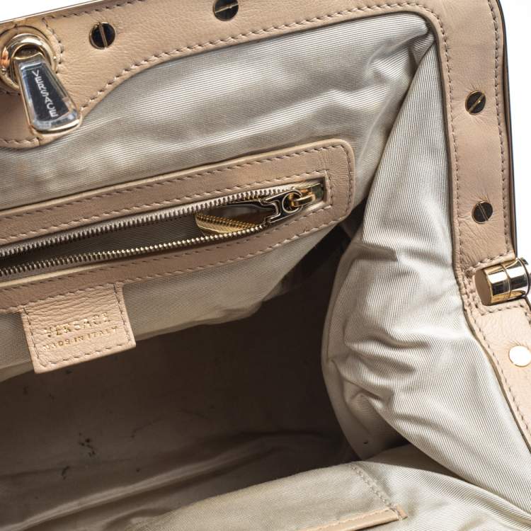 Pre Owned Versace Beige Leather Studded Frame Satchel 