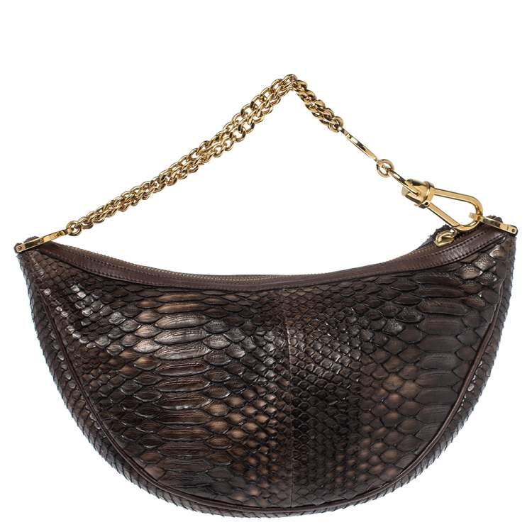 Pre Owned Versace Dark Brown Python Zip Detail Half Moon Hobo 