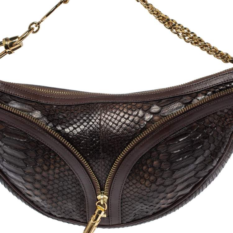 Pre Owned Versace Dark Brown Python Zip Detail Half Moon Hobo 