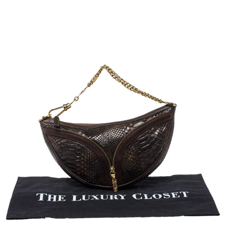 Pre Owned Versace Dark Brown Python Zip Detail Half Moon Hobo 