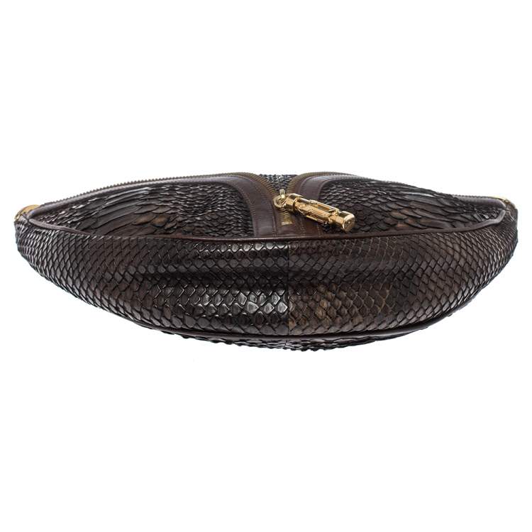 Pre Owned Versace Dark Brown Python Zip Detail Half Moon Hobo 