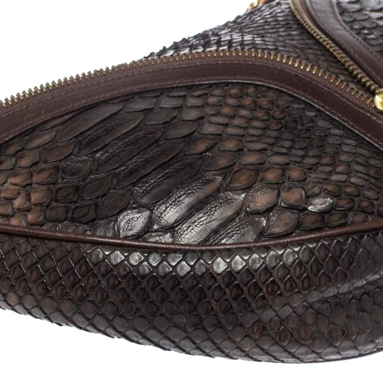 Pre Owned Versace Dark Brown Python Zip Detail Half Moon Hobo 