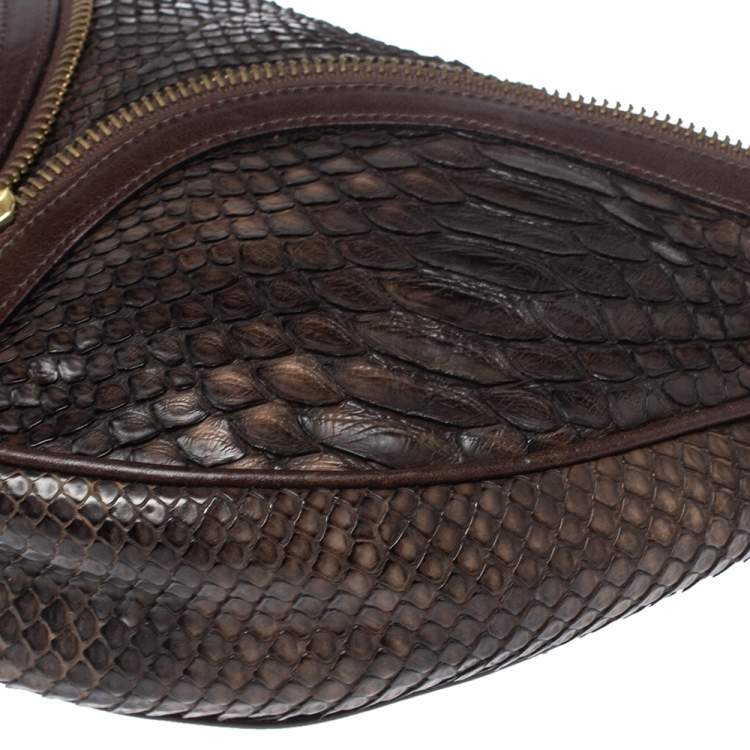 Pre Owned Versace Dark Brown Python Zip Detail Half Moon Hobo 