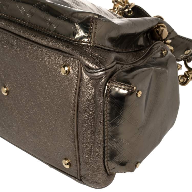 Pre Owned Versace Metallic Olive Green Signature Patent and Leather Chain Detail Satchel