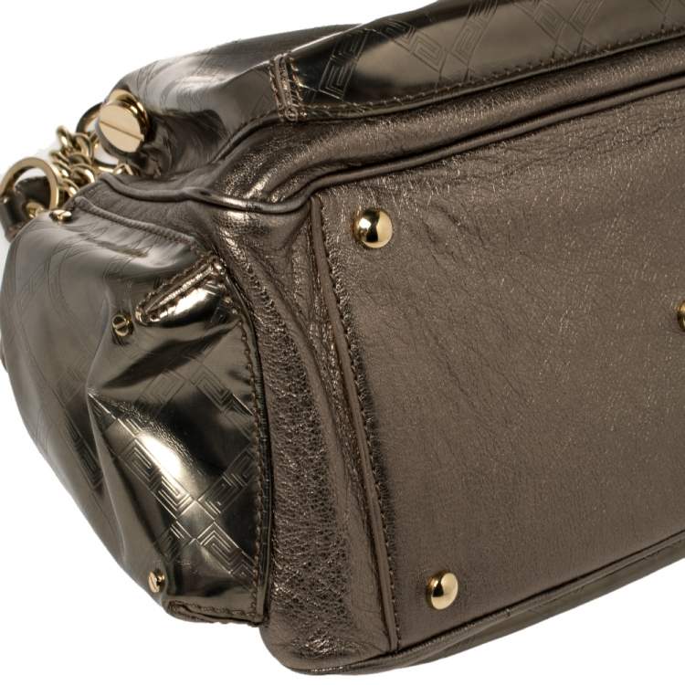 Pre Owned Versace Metallic Olive Green Signature Patent and Leather Chain Detail Satchel