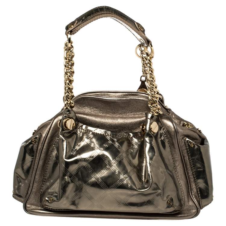 Pre Owned Versace Metallic Olive Green Signature Patent and Leather Chain Detail Satchel