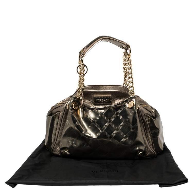 Pre Owned Versace Metallic Olive Green Signature Patent and Leather Chain Detail Satchel
