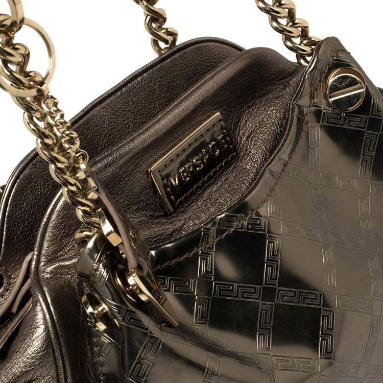 Pre Owned Versace Metallic Olive Green Signature Patent and Leather Chain Detail Satchel