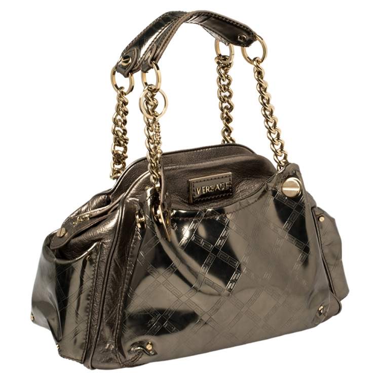 Pre Owned Versace Metallic Olive Green Signature Patent and Leather Chain Detail Satchel