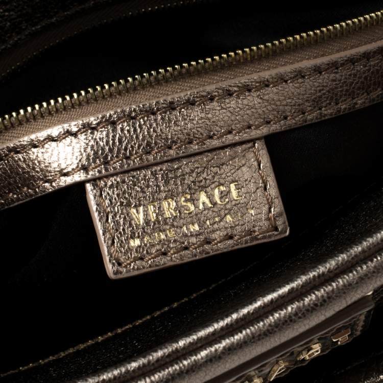 Pre Owned Versace Metallic Olive Green Signature Patent and Leather Chain Detail Satchel