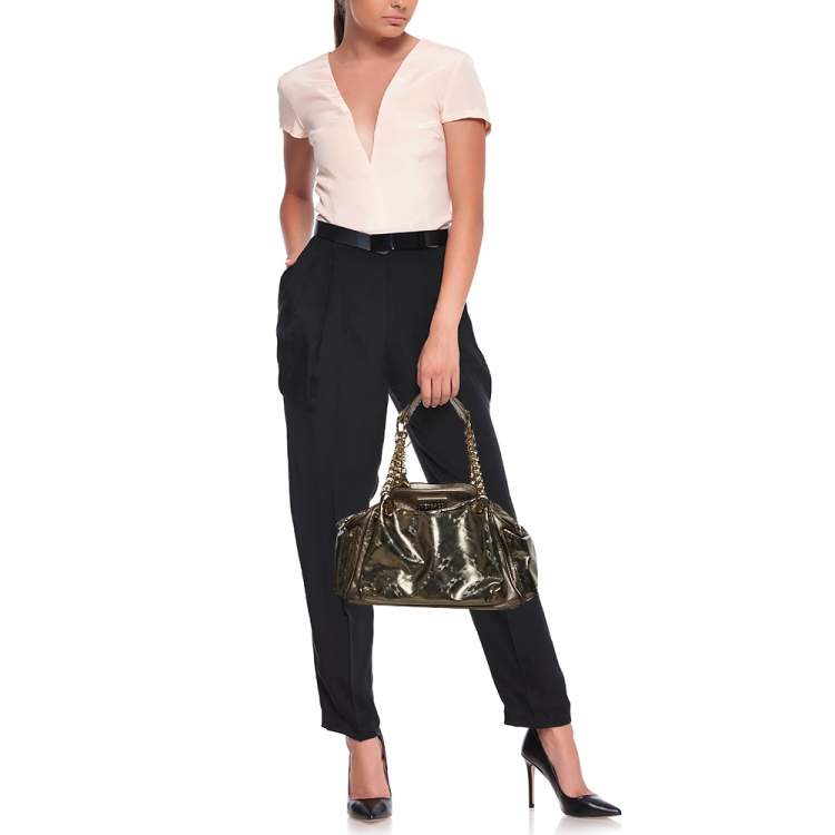 Pre Owned Versace Metallic Olive Green Signature Patent and Leather Chain Detail Satchel