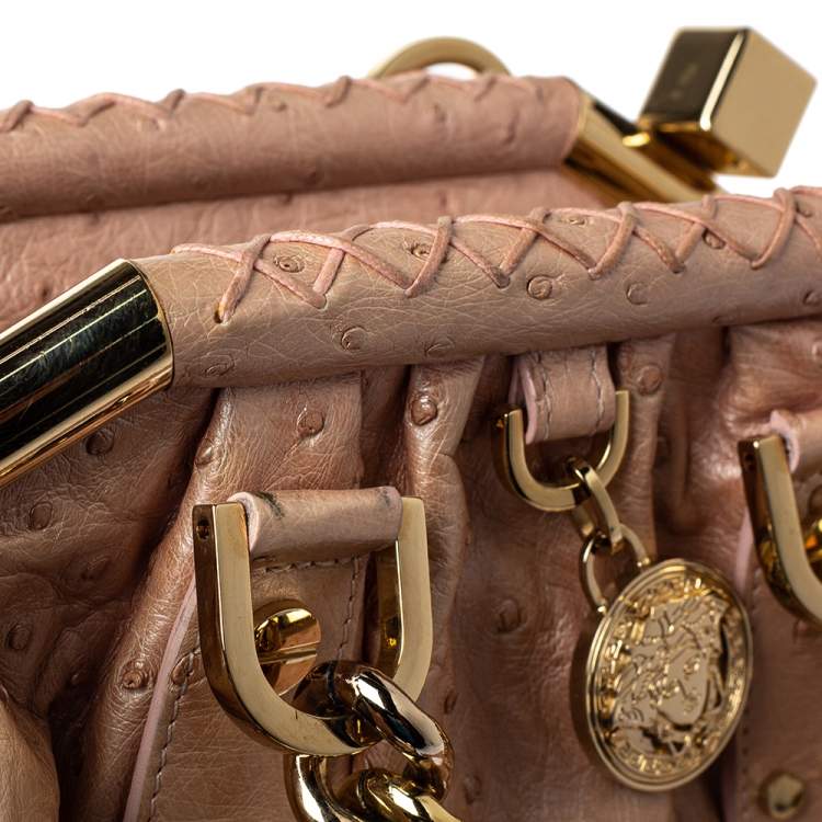 Pre Owned Versace Peach Ostrich Frame Satchel