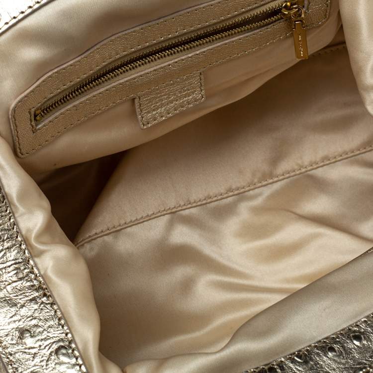 Pre Owned Versace Gold Patent and Ostrich Embossed Leather Chain Link Satchel