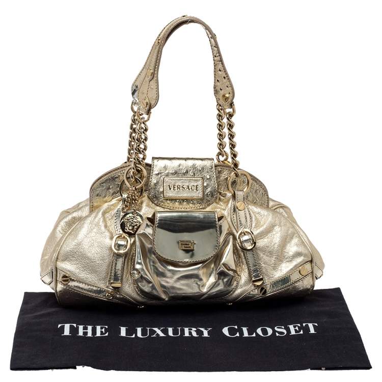 Pre Owned Versace Gold Patent and Ostrich Embossed Leather Chain Link Satchel