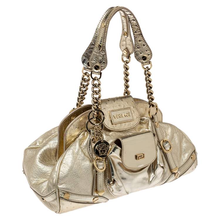Pre Owned Versace Gold Patent and Ostrich Embossed Leather Chain Link Satchel
