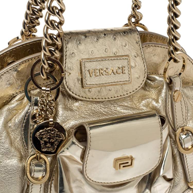 Pre Owned Versace Gold Patent and Ostrich Embossed Leather Chain Link Satchel