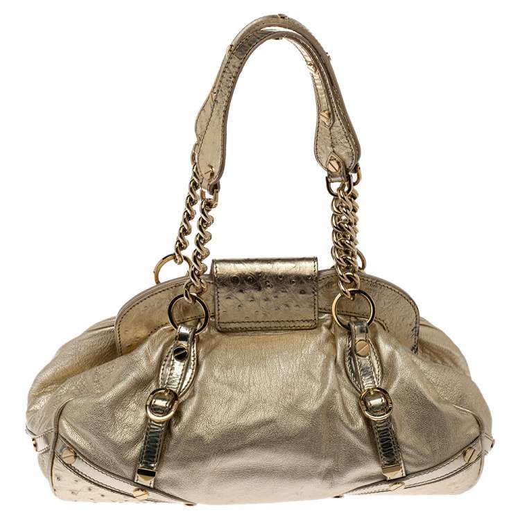 Pre Owned Versace Gold Patent and Ostrich Embossed Leather Chain Link Satchel