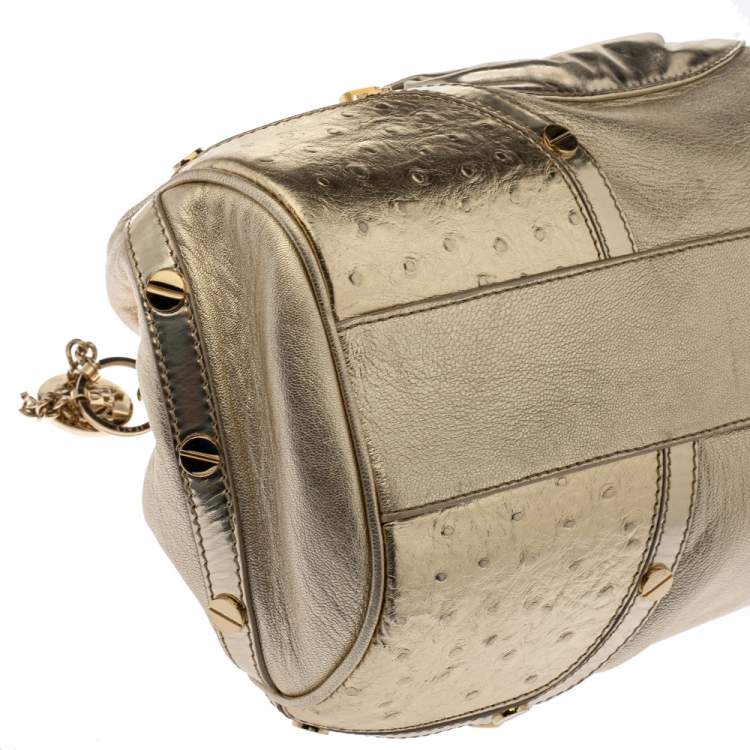 Pre Owned Versace Gold Patent and Ostrich Embossed Leather Chain Link Satchel