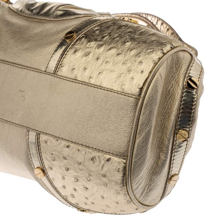 Pre Owned Versace Gold Patent and Ostrich Embossed Leather Chain Link Satchel