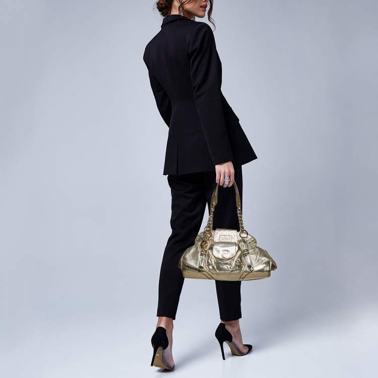 Pre Owned Versace Gold Patent and Ostrich Embossed Leather Chain Link Satchel