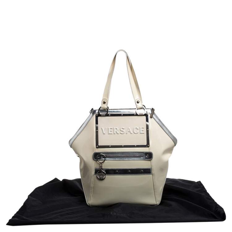 Pre Owned Versace Offf White/Silver Patent And Leather Hit Satchel